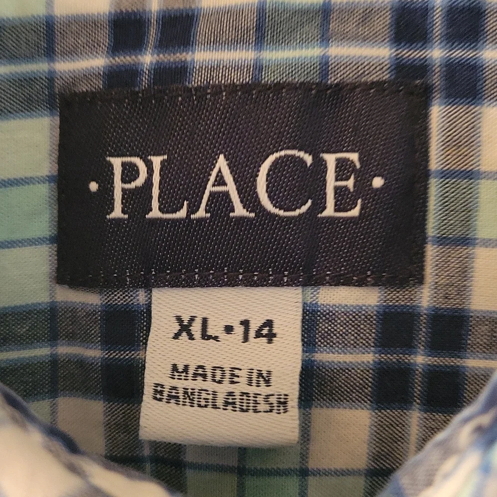 Childrens place blue and teal plaid shirt, 14
